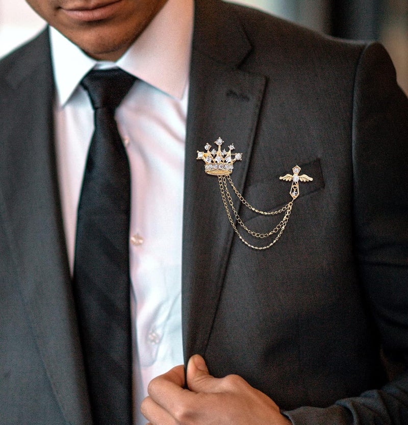 Uarein Cross Crown Long Chain Brooch, Rhinestone Tassel Brooch Pin,Retro Crystal Suit Pins Collar Pin,Coat Tassel Chain Lapel Pins for Men's Suit Accessories - Image 2